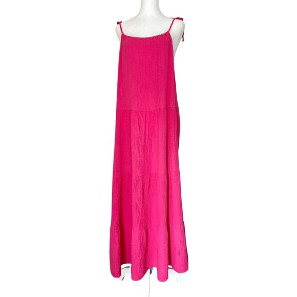 4Our Dreamers Gauzy Cotton Tiered Maxi Dress Sz L Hot Pink Boho Beach Feminine - Picture 2 of 10
